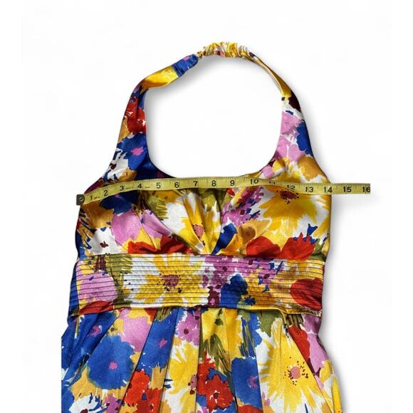 Bisou Bisou Michele Bohbot 6 Halter Dress Pleated yellow Floral Satin Multicolor - Picture 5 of 8